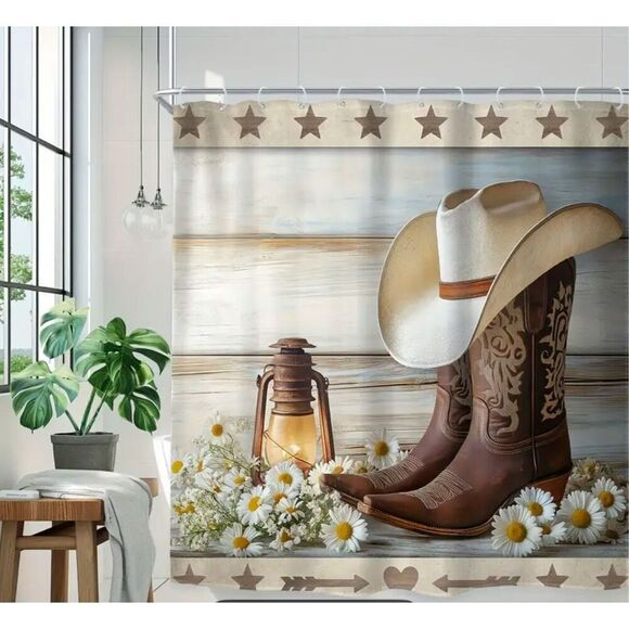 Cowboy Boots shower curtain & Bath Mat Set with Hooks - 4 Piece Collection weste - Picture 1 of 5